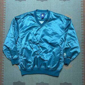 Vintage starter satin bomber jacket teal blue blank Detroit pistons USA made XXL